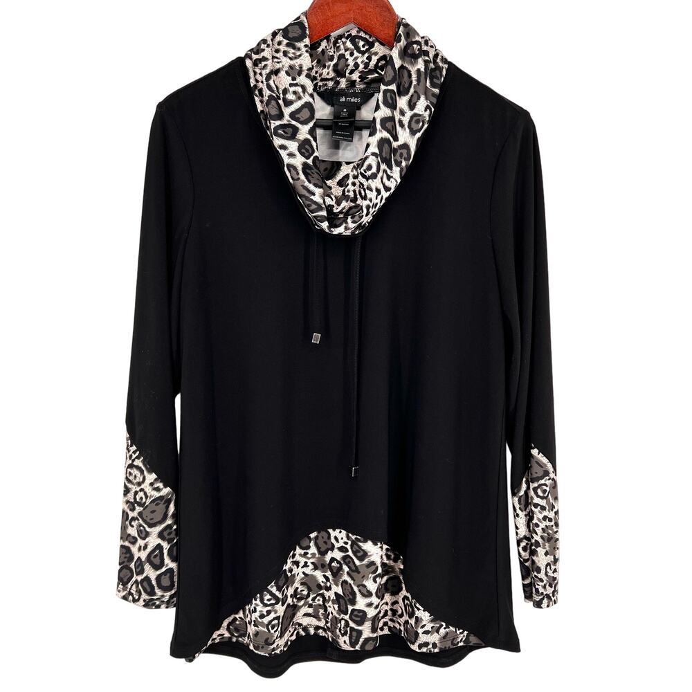 Ali Miles Medium Wearable Art to Wear Black Animal Print Leopard Shirt Top